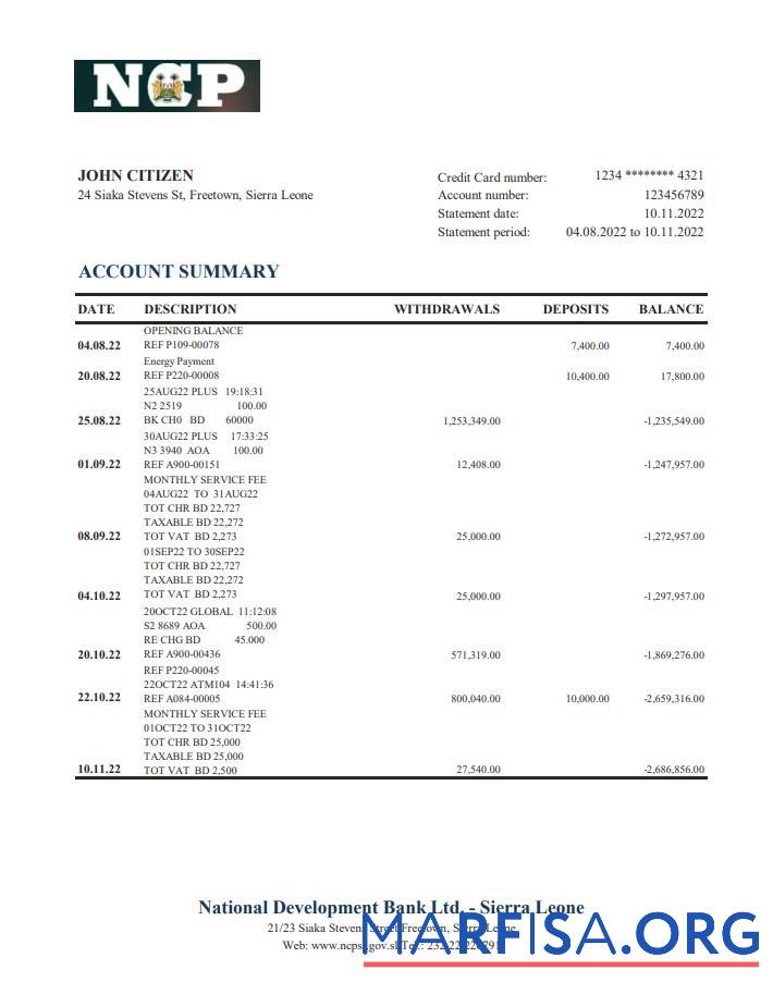 Blank Sierra Leone National Development bank statement excel template